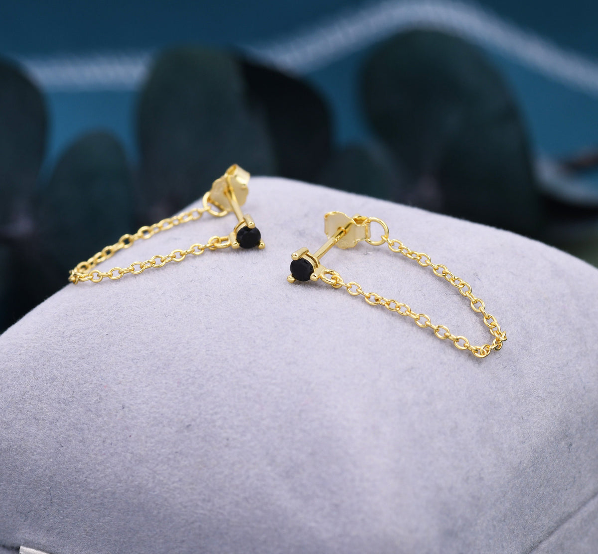 Black CZ and Chain Ear Jacket in Sterling Silver, Silver or Gold, Front and Back Earrings, Two Part Earrings, CZ with Linking Chain Earring
