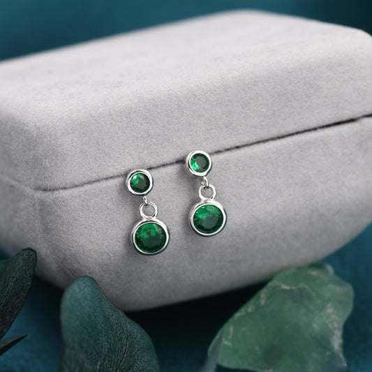 Emerald Green Double CZ Dangle Stud Earrings in Sterling Silver, Silver or Gold, Two CZ Bezel Earrings, Solid Silver Crystal Earrings