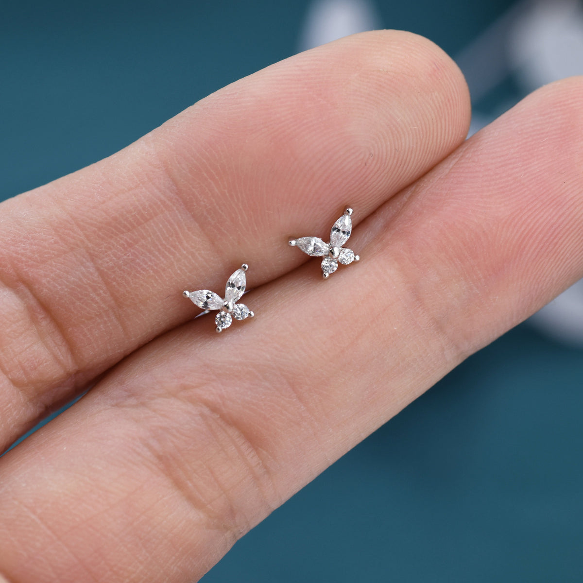 CZ Butterfly 16G Internally Threaded Flat Back Earrings in Sterling Silver, Animal Earrings