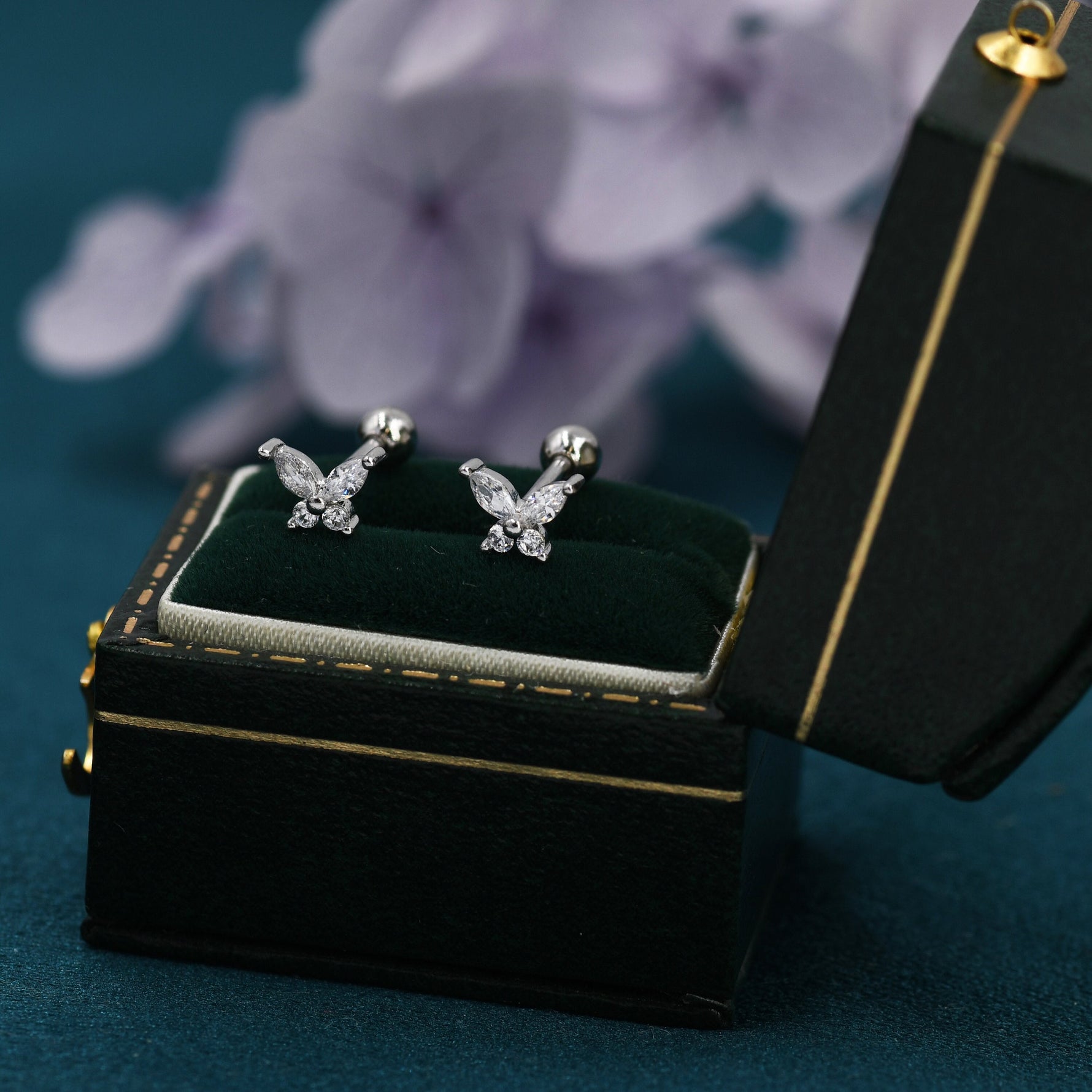 CZ Butterfly 18G Screw Back Earrings in Sterling Silver