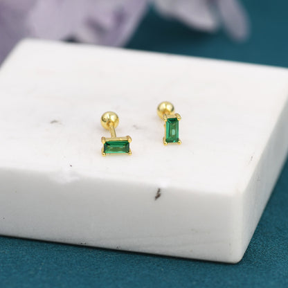 Tiny Emerald Green Baguette CZ Screw Back Earrings in Sterling Silver, Silver or Gold, Stacking Earrings, Barbell Earrings, Helix Earrings