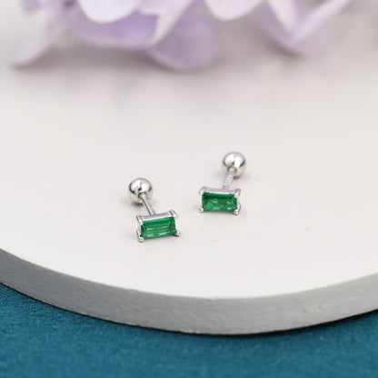 Tiny Emerald Green Baguette CZ Screw Back Earrings in Sterling Silver, Silver or Gold, Stacking Earrings, Barbell Earrings, Helix Earrings