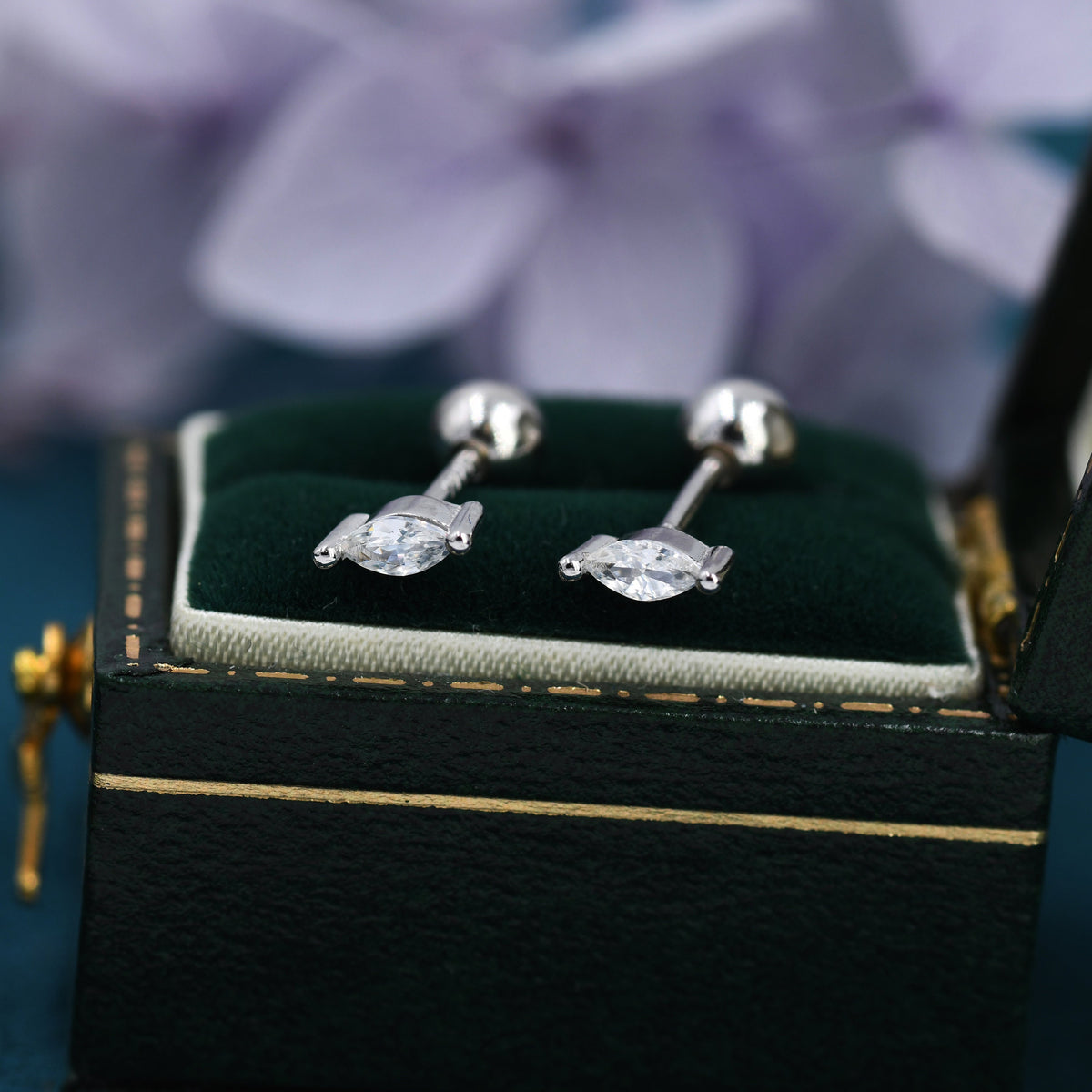 Tiny Marquise CZ Screw Back Earrings in Sterling Silver, Silver or Gold, Stacking Earrings, Barbell Earrings, Helix Earrings