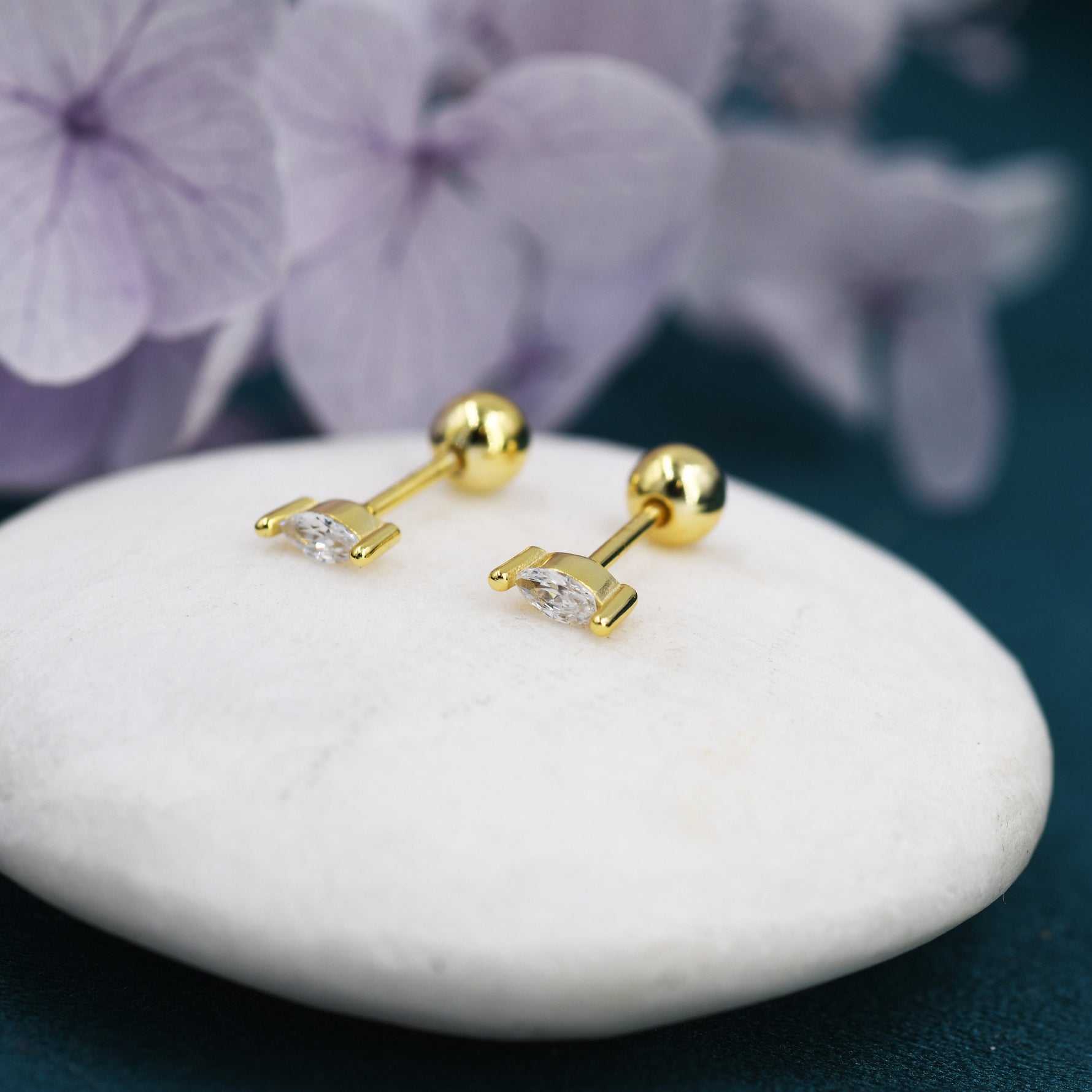 Tiny Marquise CZ Screw Back Earrings in Sterling Silver, Silver or Gold, Stacking Earrings, Barbell Earrings, Helix Earrings