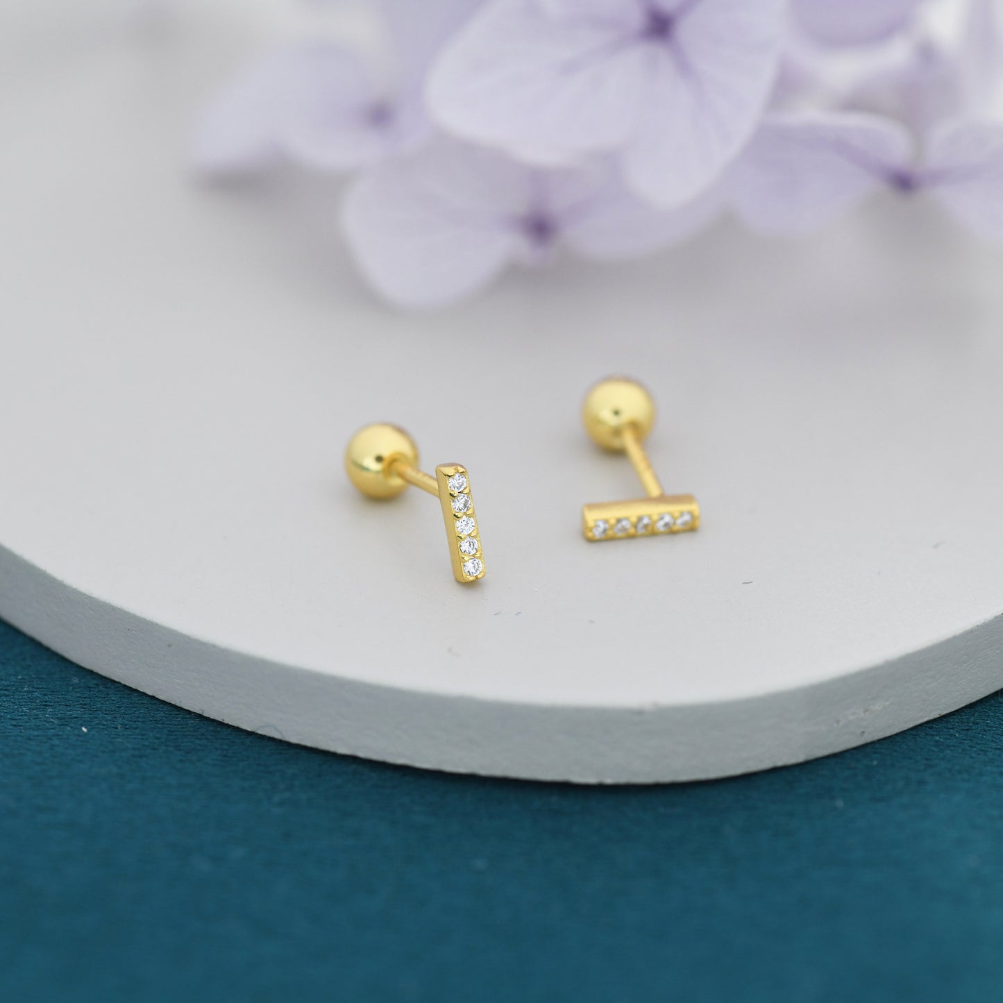 Tiny CZ Bar Screw Back Earrings in Sterling Silver, Silver or Gold, Stacking Earrings, Barbell Earrings, Helix Earrings