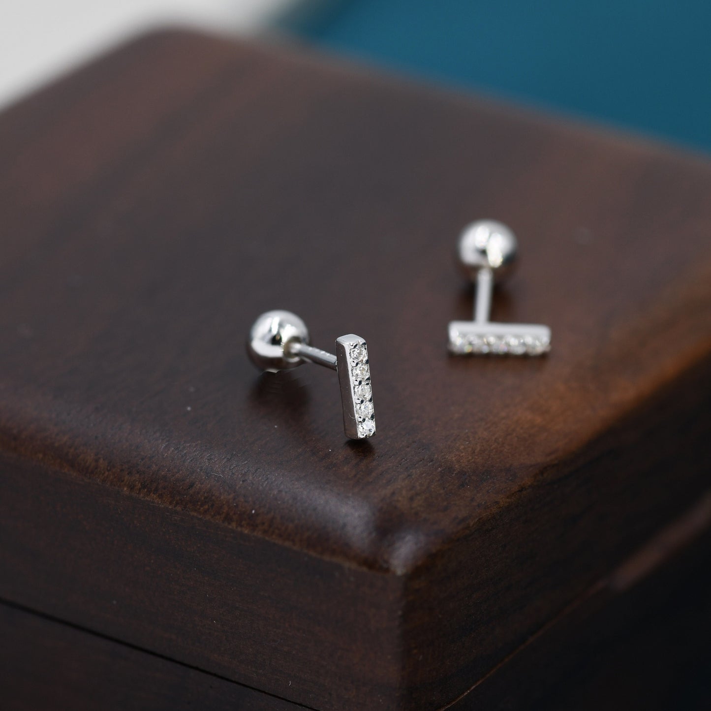 Tiny CZ Bar Screw Back Earrings in Sterling Silver, Silver or Gold, Stacking Earrings, Barbell Earrings, Helix Earrings