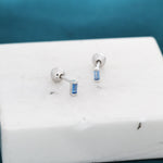 Extra Tiny Aquamarine Blue Baguette CZ Screw Back Earrings in Sterling Silver, Stacking Earrings, Barbell Earrings, Helix Earrings