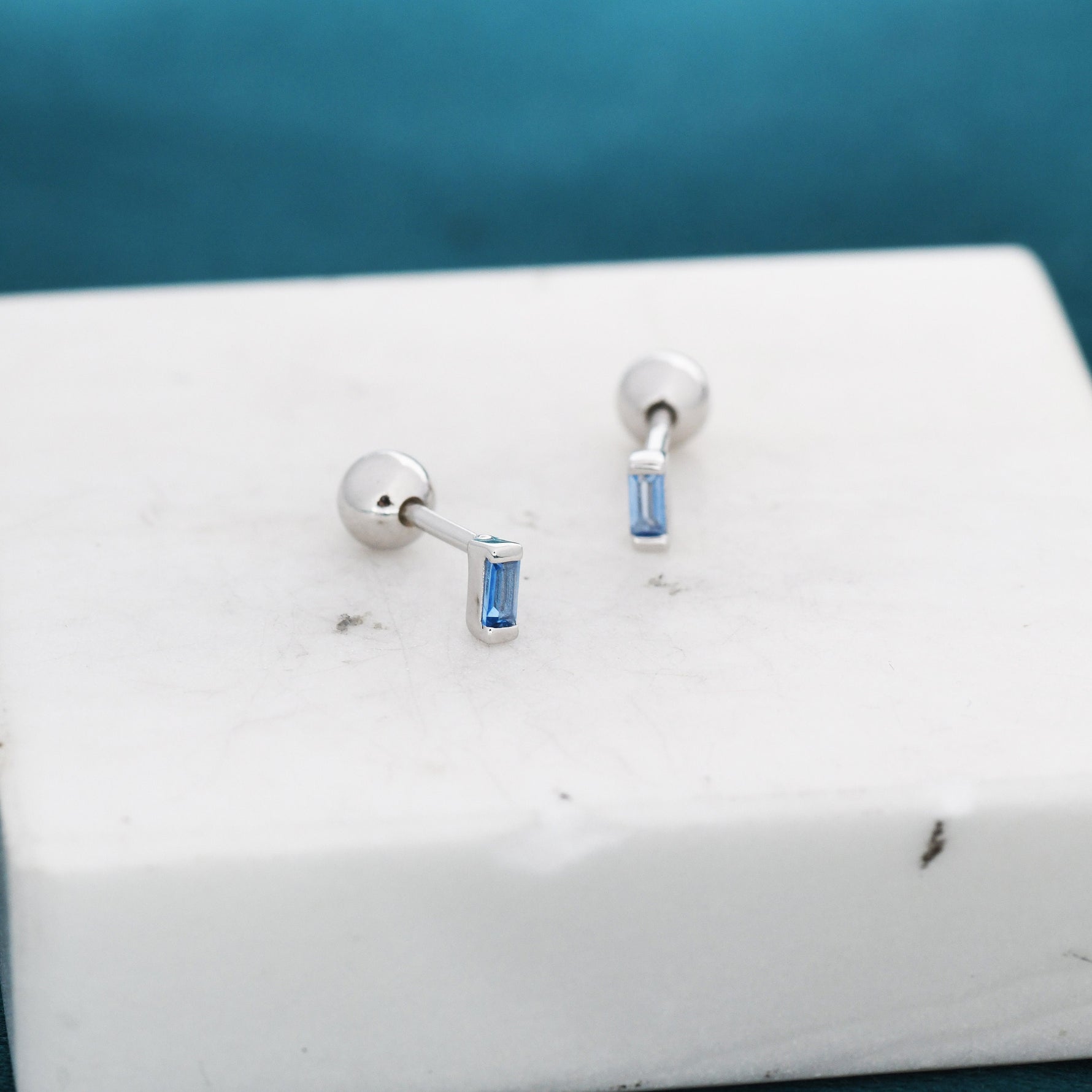 Extra Tiny Aquamarine Blue Baguette CZ Screw Back Earrings in Sterling Silver, Stacking Earrings, Barbell Earrings, Helix Earrings