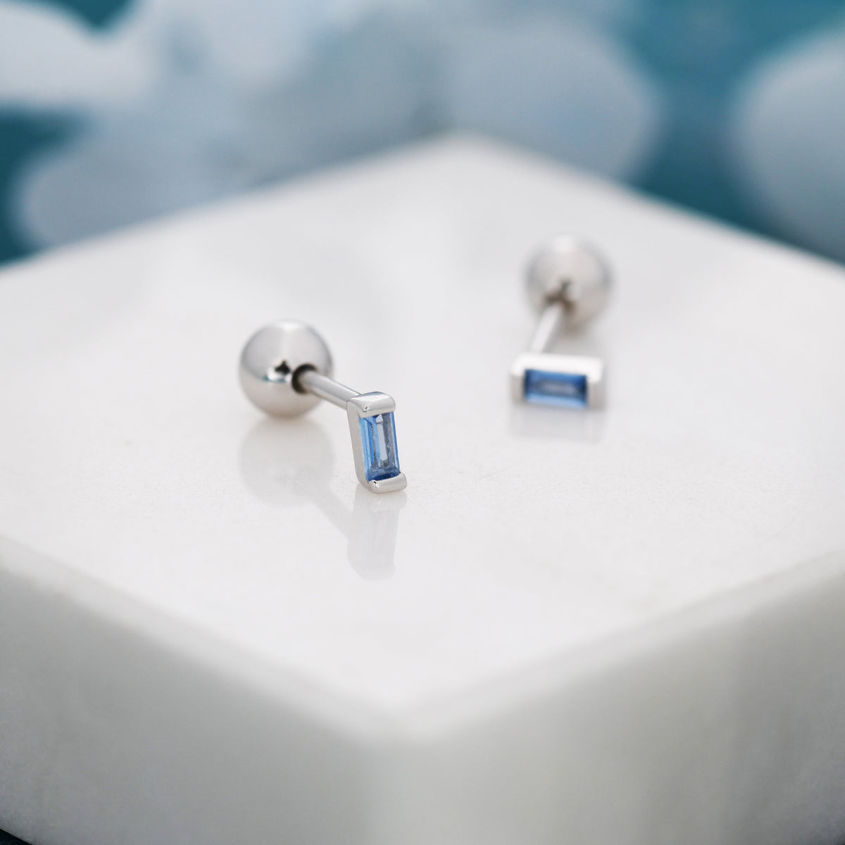 Extra Tiny Aquamarine Blue Baguette CZ Screw Back Earrings in Sterling Silver, Stacking Earrings, Barbell Earrings, Helix Earrings