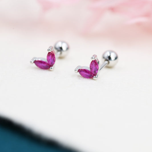 Sterling Silver Ruby Pink CZ Marquise Leaf Duo Barbell Earrings,  Marquise Fan Screw back Earrings, Screwback