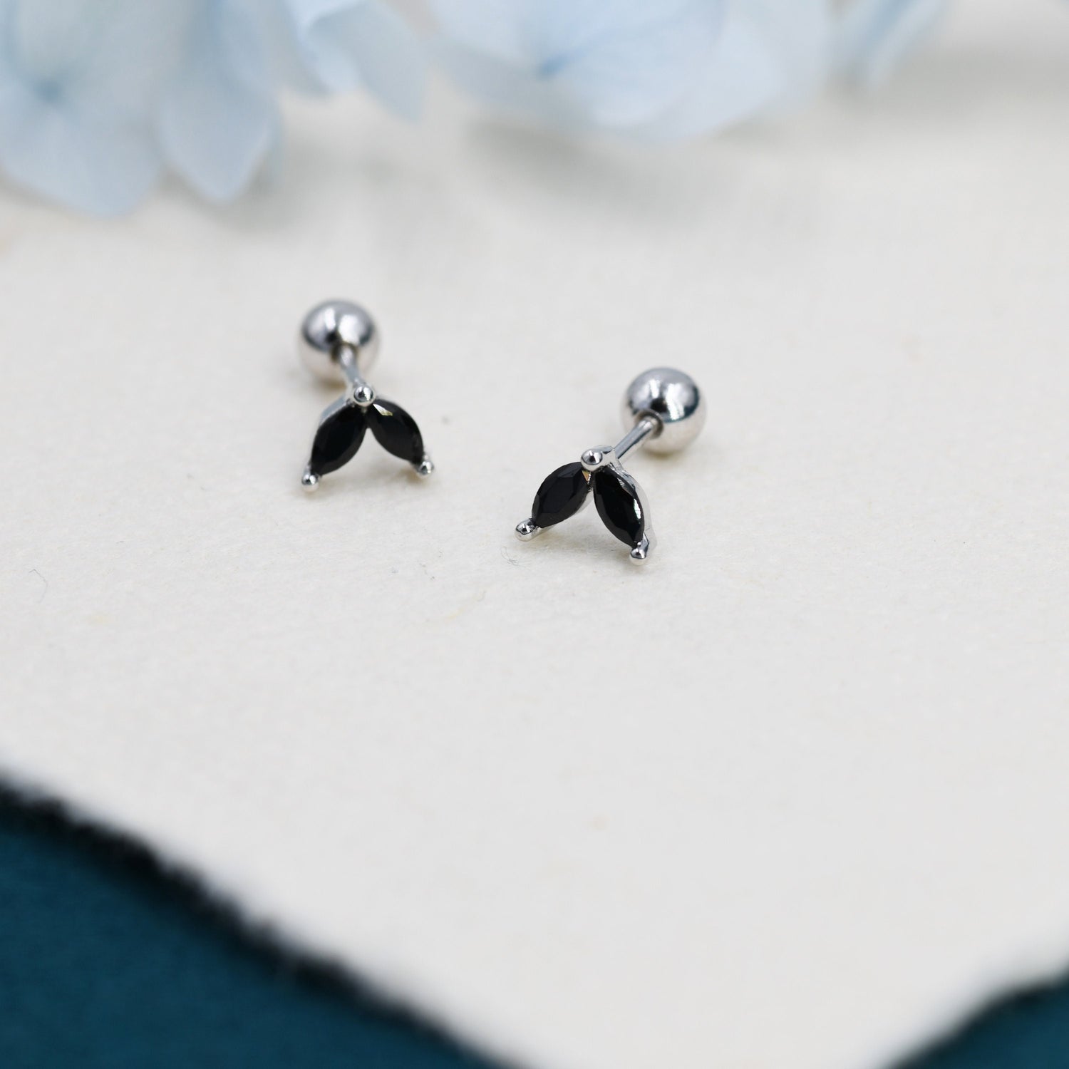 Sterling Silver Black CZ Marquise Leaf Duo Barbell Earrings, Gold or Silver, Marquise Fan Screw back Earrings, Screwback