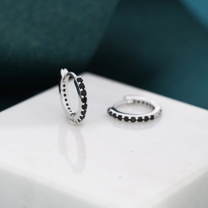 Minimalist Huggie Hoop Earrings in Sterling Silver with Black CZ Crystals, Tiny Snug Hoop Earrings, Black Diamond, Simple Hoop Earrings