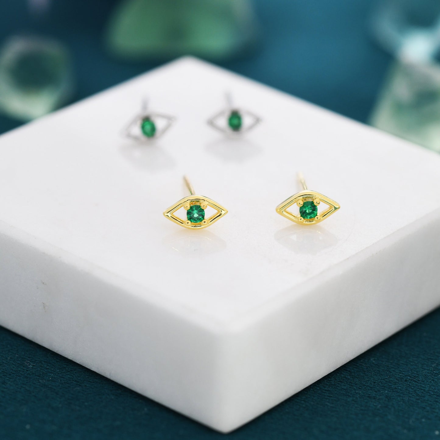 Tiny Evil Eye Stud Earrings in Sterling Silver, Green Eye Earrings, Stacking Earrings, Silver or Gold Finish