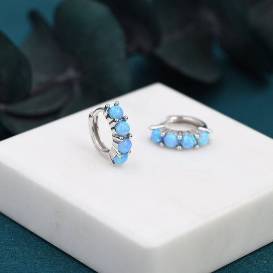 Blue Opal Huggie Hoops in Sterling Silver, 8mm Opal Hoops, Silver or Gold, Dainty Hoops Earrings, Opal Earring