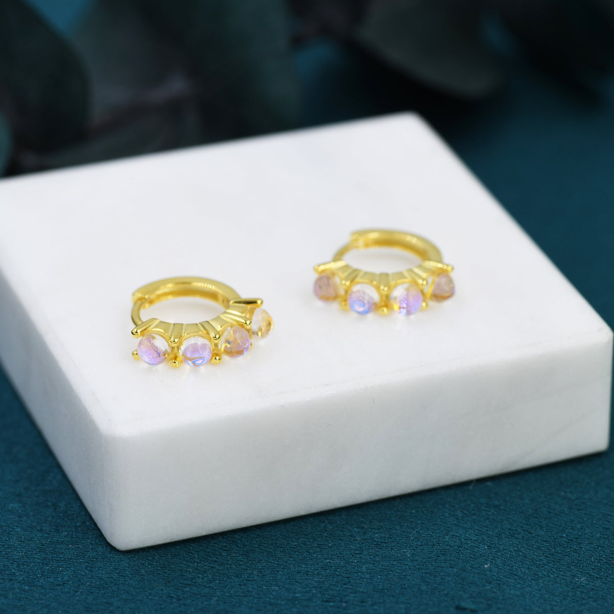 Moonstone Huggie Hoops in Sterling Silver, 8mm Moonstone Hoops, Silver or Gold, Dainty Lab Moonstone Hoops Earrings, Simulated Moonstones