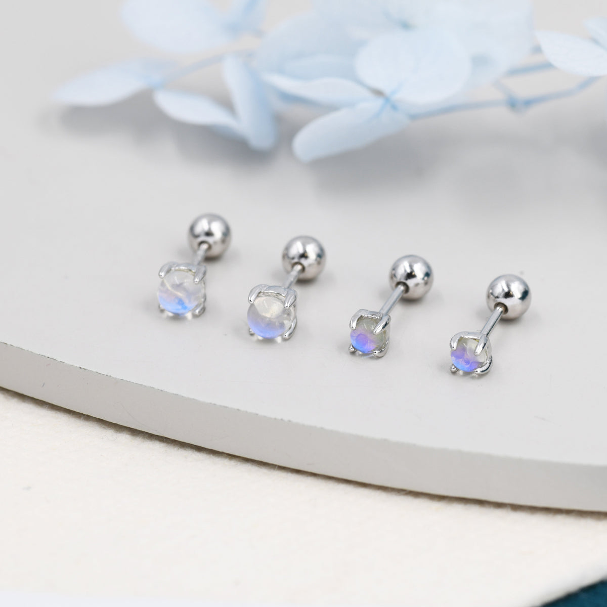 Moonstone Screw back Earrings in Sterling Silver, Aurora Barbell Earrings, Screw back Crystal Dot Earrings, Minimalist Piercing Jewellery