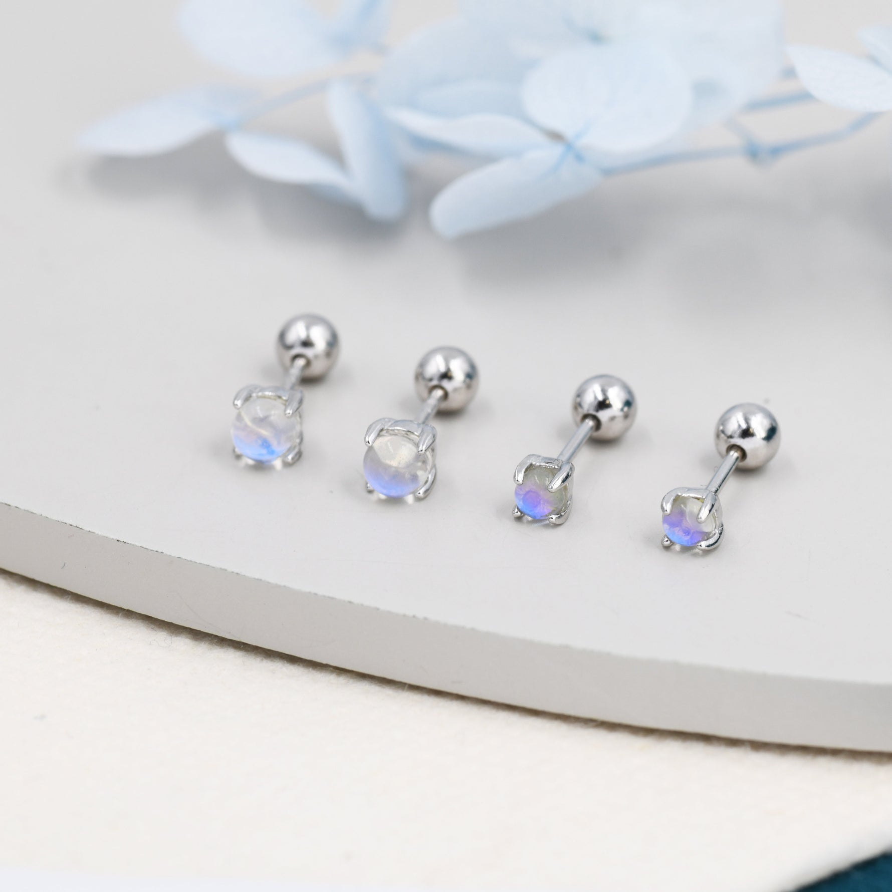 Moonstone Screw back Earrings in Sterling Silver, Aurora Barbell Earrings, Screw back Crystal Dot Earrings, Minimalist Piercing Jewellery