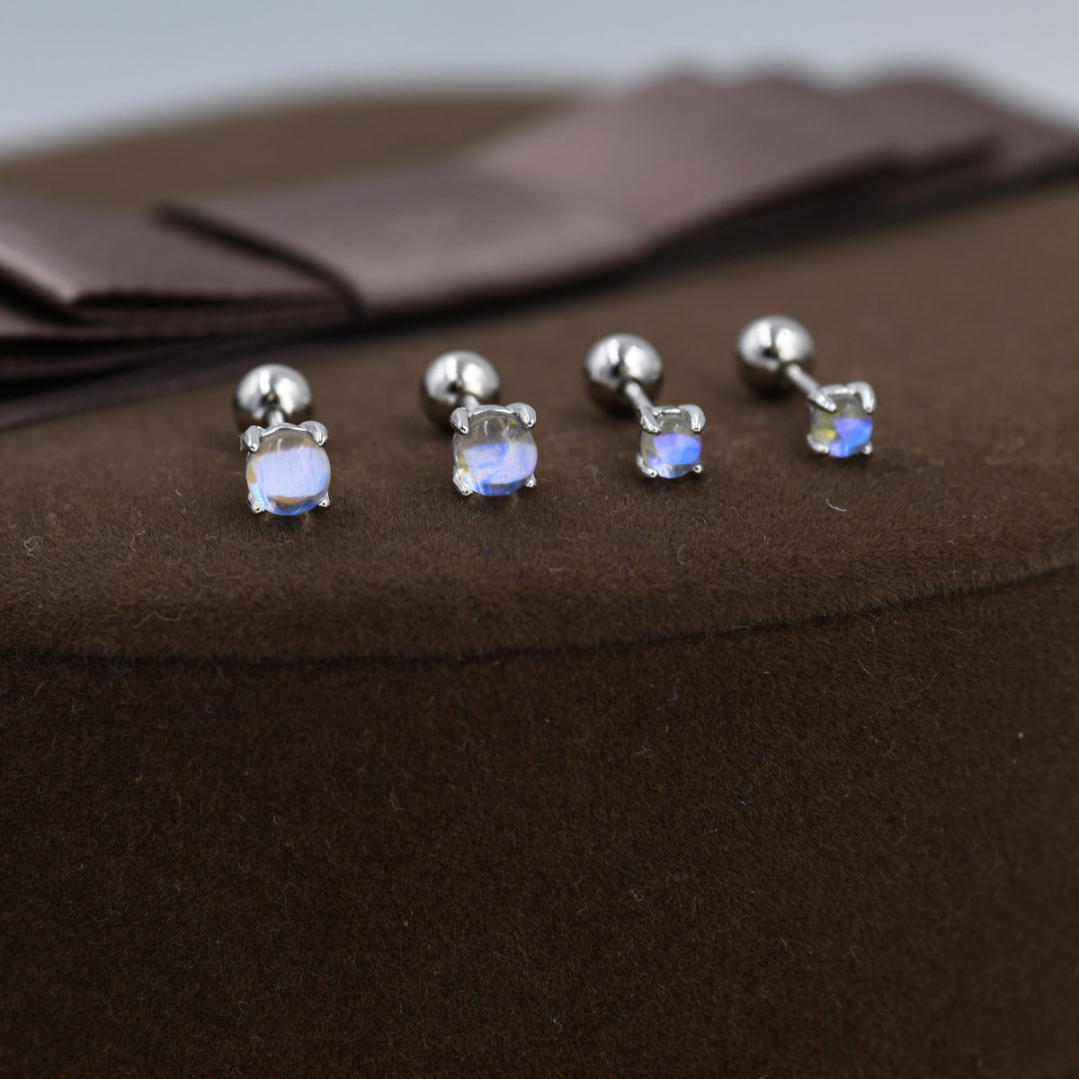 Moonstone Screw back Earrings in Sterling Silver, Aurora Barbell Earrings, Screw back Crystal Dot Earrings, Minimalist Piercing Jewellery