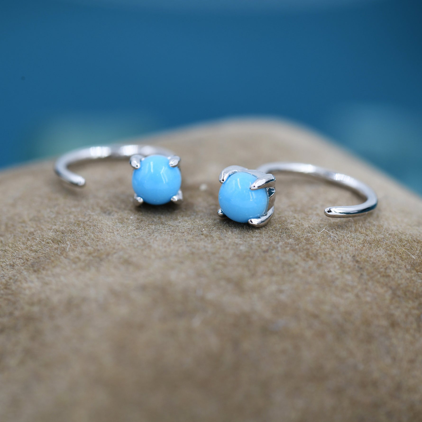 Genuine Turquoise Threader Hoop Earrings in Sterling Silver, Turquoise Dot Open Hoop Earrings, Huggie Hoop, Pull Through