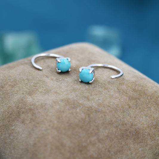 Genuine Green Turquoise Threader Hoop Earrings in Sterling Silver, Turquoise Dot Open Hoop Earrings, Huggie Hoop,  Pull Through