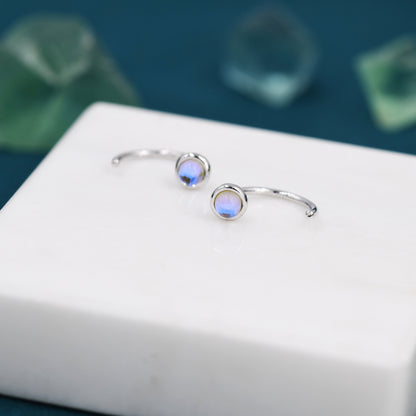 Moonstone Huggie Hoop Earrings in Sterling Silver, Silver or Gold, Tiny Moonstone Open Hoops, Pull Through Threaders, Half Hoops, C Shape