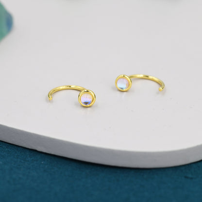 Moonstone Huggie Hoop Earrings in Sterling Silver, Silver or Gold, Tiny Moonstone Open Hoops, Pull Through Threaders, Half Hoops, C Shape