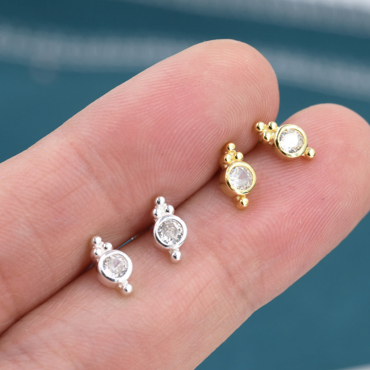 Tiny CZ Crystal with Dot Trio Screw Back / Internally Threaded Flat Back / Stud Earrings, Dot Earrings, Vintage Inspired Design