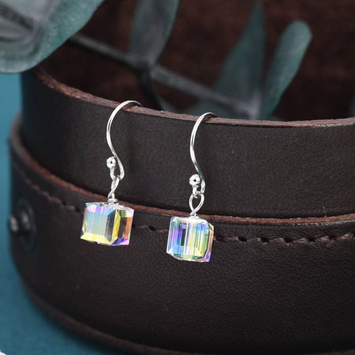 Aurora Borealis Cube Drop Hook Earrings in Sterling Silver, AB CZ Cube Earrings, Aurora Colour Changing Square Earrings