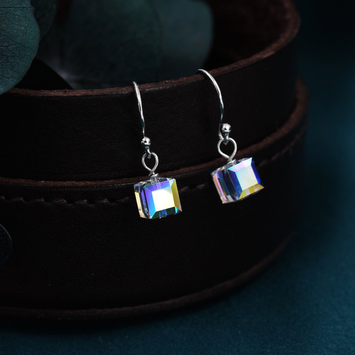 Aurora Borealis Cube Drop Hook Earrings in Sterling Silver, AB CZ Cube Earrings, Aurora Colour Changing Square Earrings