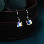 Aurora Borealis Cube Drop Hook Earrings in Sterling Silver, AB CZ Cube Earrings, Aurora Colour Changing Square Earrings