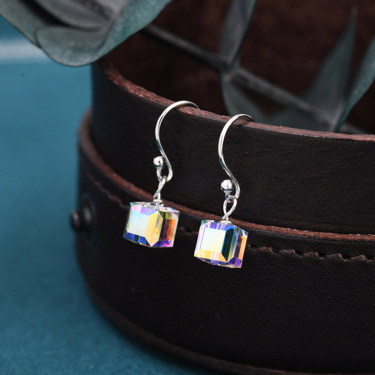 Aurora Borealis Cube Drop Hook Earrings in Sterling Silver, AB CZ Cube Earrings, Aurora Colour Changing Square Earrings