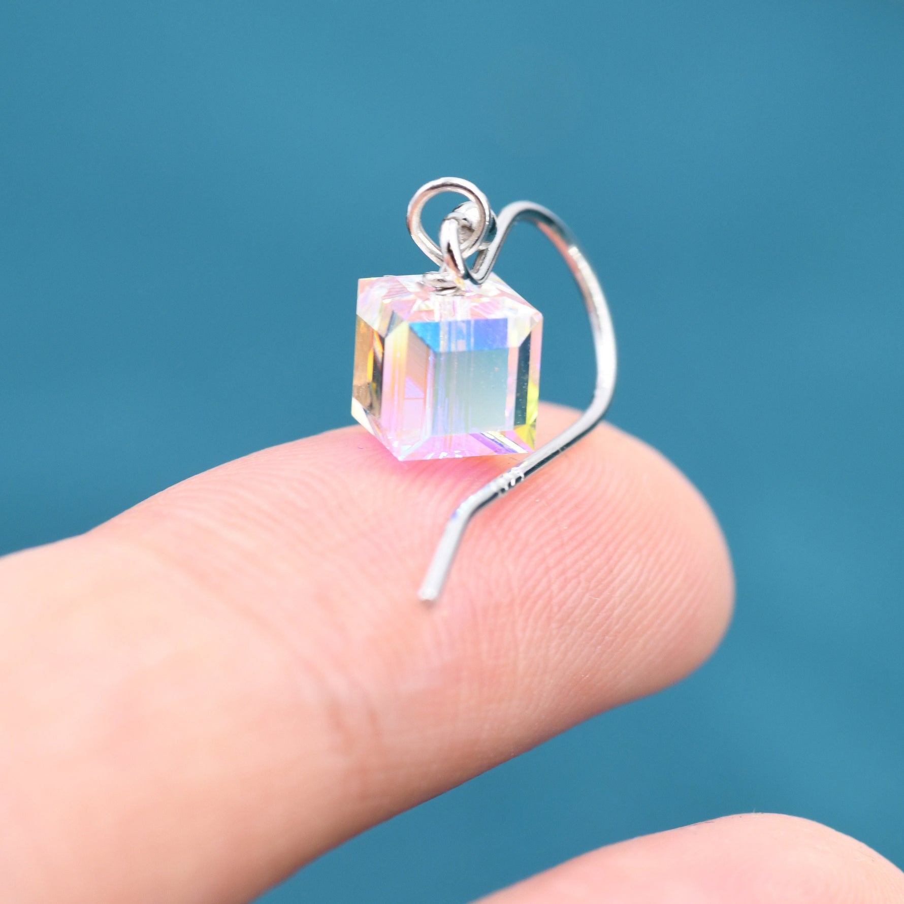 Aurora Borealis Cube Drop Hook Earrings in Sterling Silver, AB CZ Cube Earrings, Aurora Colour Changing Square Earrings