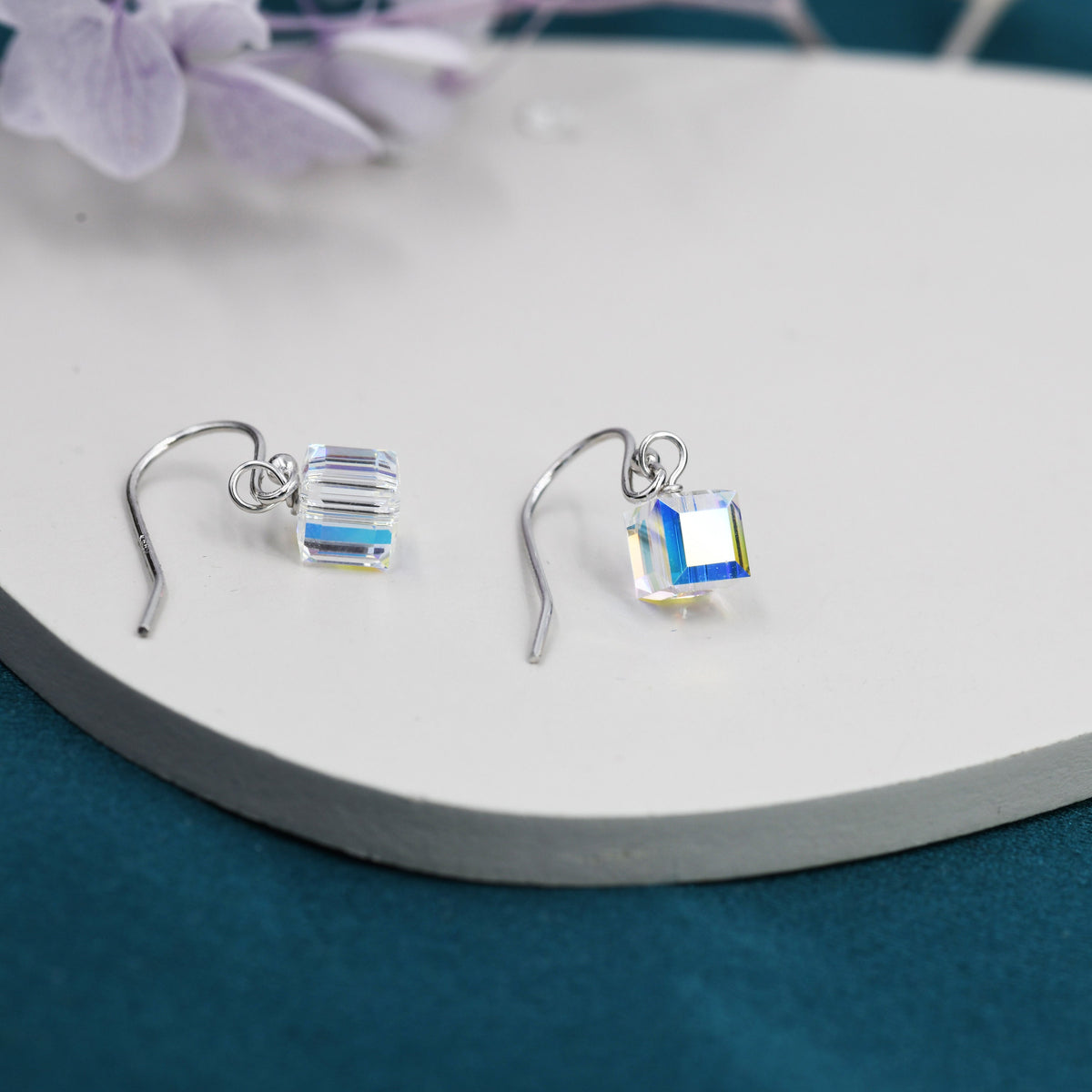 Aurora Borealis Cube Drop Hook Earrings in Sterling Silver, AB CZ Cube Earrings, Aurora Colour Changing Square Earrings