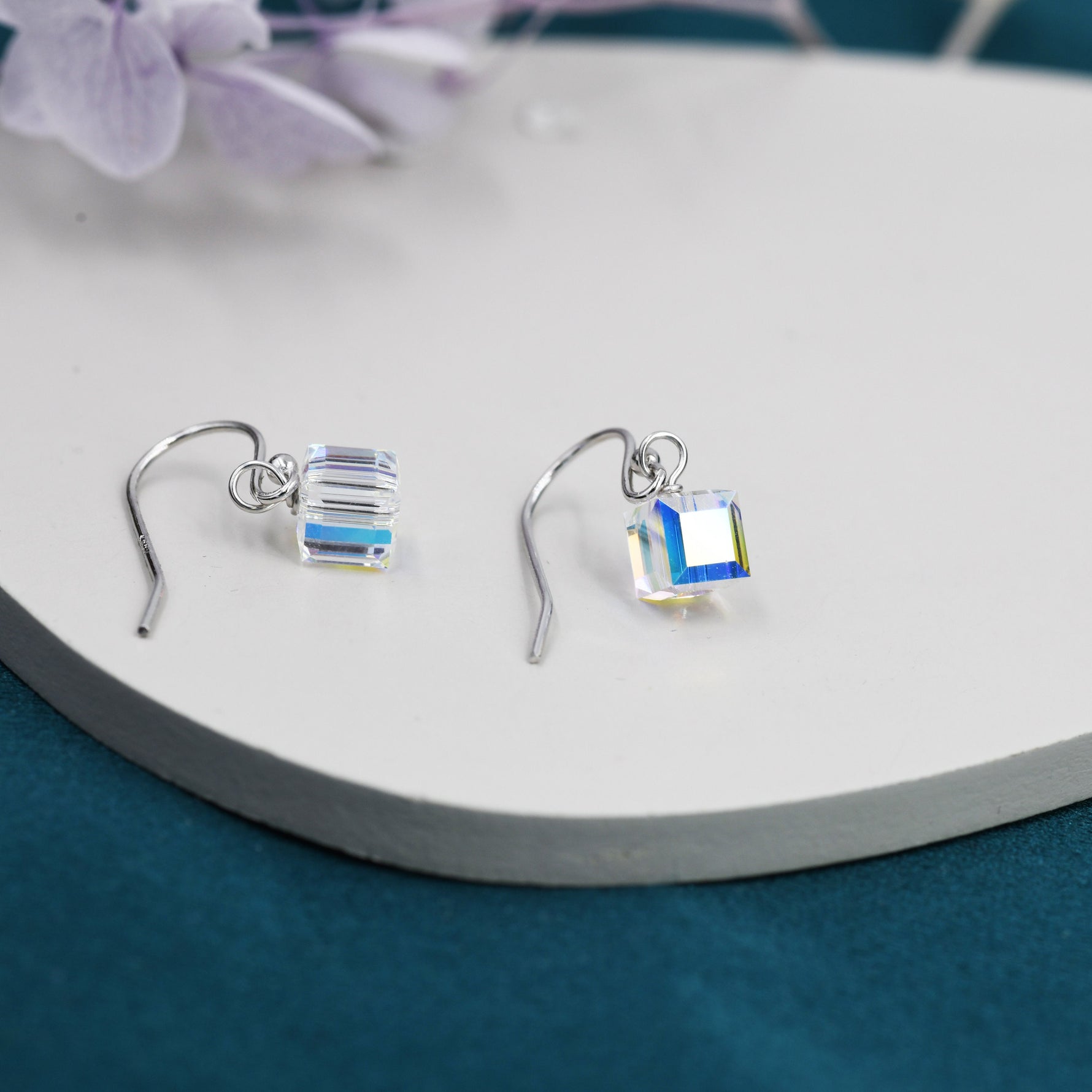 Aurora Borealis Cube Drop Hook Earrings in Sterling Silver, AB CZ Cube Earrings, Aurora Colour Changing Square Earrings