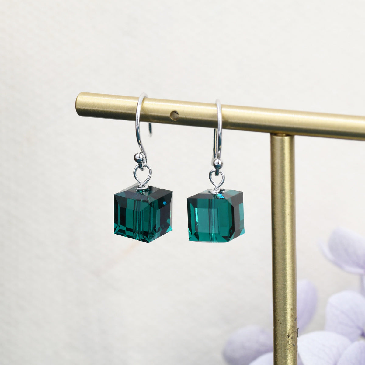 Sale!Emerald Green Crystal Cube Drop Hook Earrings in Sterling Silver, Dark Green Glass Crystal Cube Earrings, Green Square Earrings