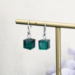 Sale!Emerald Green Crystal Cube Drop Hook Earrings in Sterling Silver, Dark Green Glass Crystal Cube Earrings, Green Square Earrings