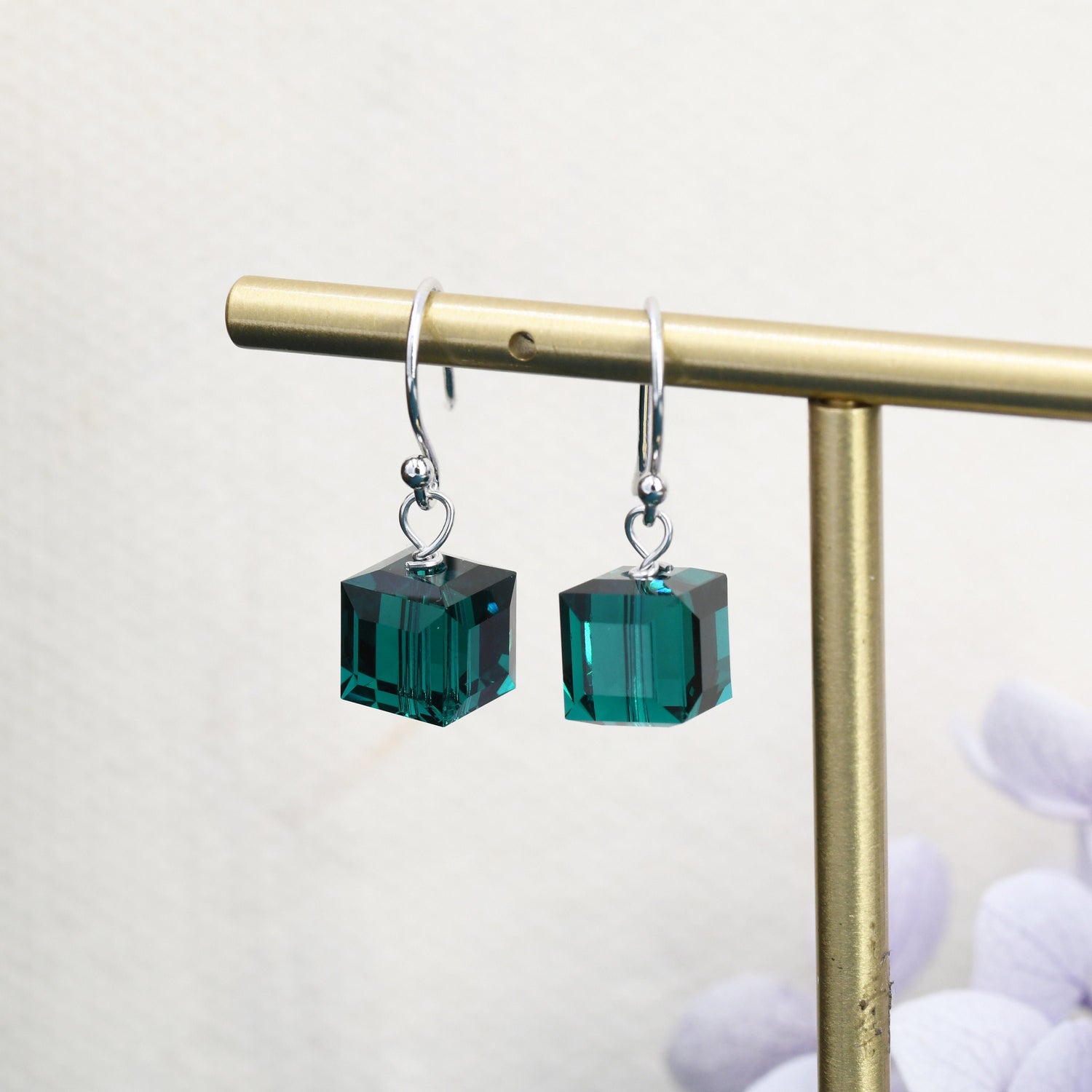 Sale!Emerald Green Crystal Cube Drop Hook Earrings in Sterling Silver, Dark Green Glass Crystal Cube Earrings, Green Square Earrings