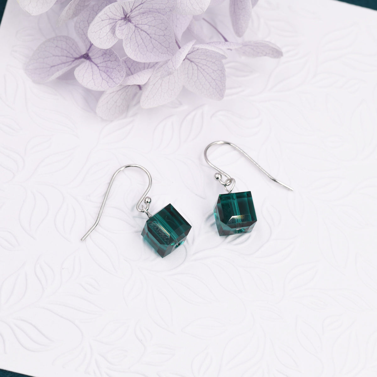 Sale!Emerald Green Crystal Cube Drop Hook Earrings in Sterling Silver, Dark Green Glass Crystal Cube Earrings, Green Square Earrings