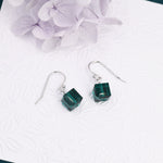 Sale!Emerald Green Crystal Cube Drop Hook Earrings in Sterling Silver, Dark Green Glass Crystal Cube Earrings, Green Square Earrings