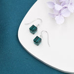 Sale!Emerald Green Crystal Cube Drop Hook Earrings in Sterling Silver, Dark Green Glass Crystal Cube Earrings, Green Square Earrings