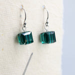 Sale!Emerald Green Crystal Cube Drop Hook Earrings in Sterling Silver, Dark Green Glass Crystal Cube Earrings, Green Square Earrings