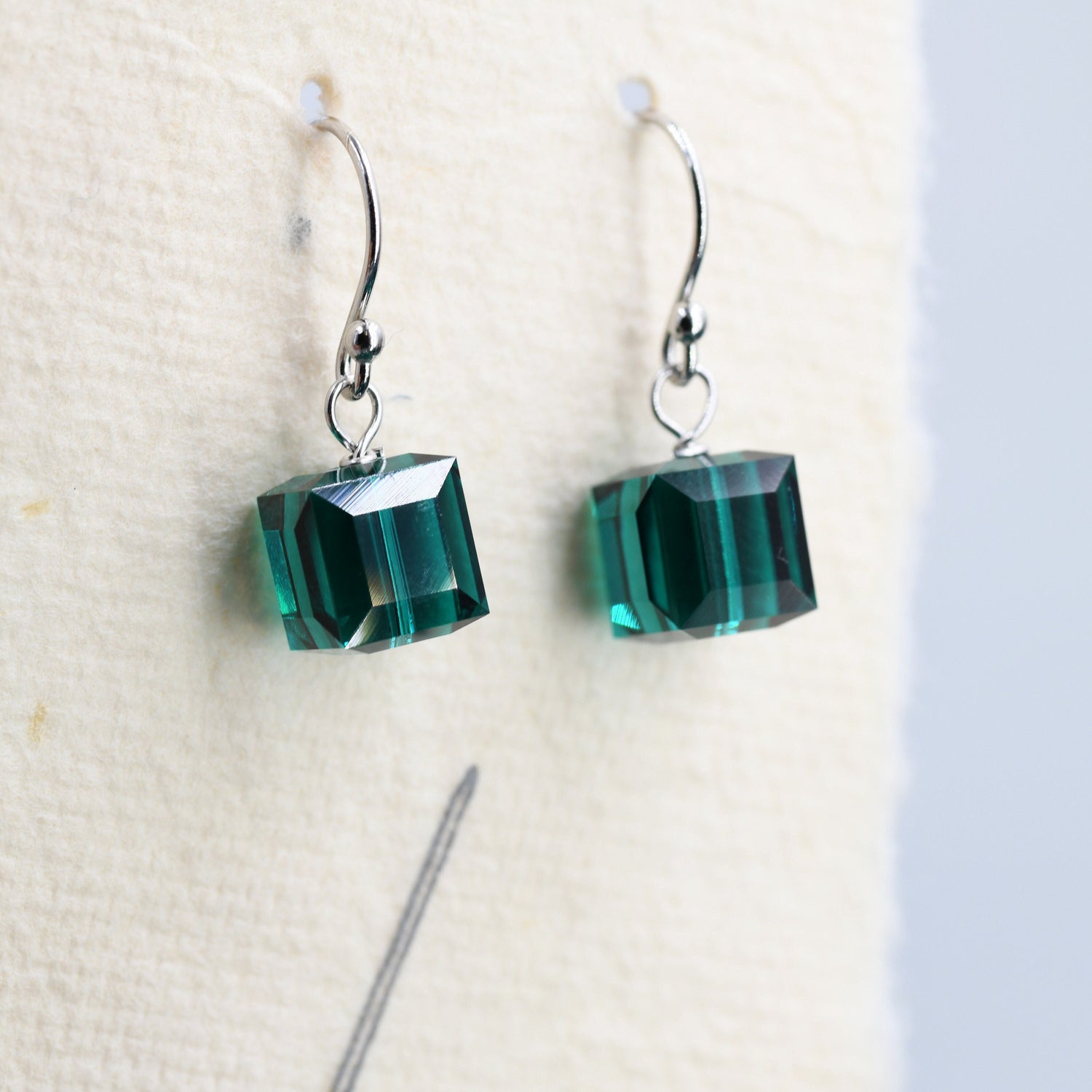 Sale!Emerald Green Crystal Cube Drop Hook Earrings in Sterling Silver, Dark Green Glass Crystal Cube Earrings, Green Square Earrings