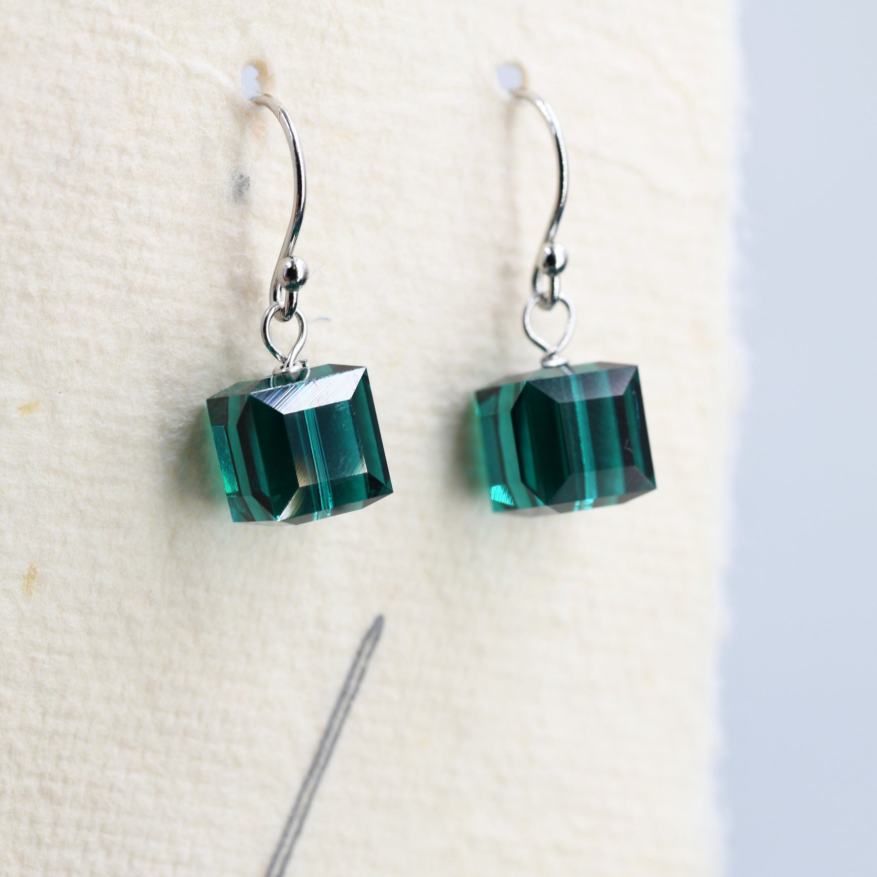Sale!Emerald Green Crystal Cube Drop Hook Earrings in Sterling Silver, Dark Green Glass Crystal Cube Earrings, Green Square Earrings