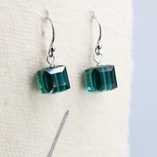 Emerald Green Crystal Cube Drop Hook Earrings in Sterling Silver, Dark Green Glass Crystal Cube Earrings, Green Square Earrings