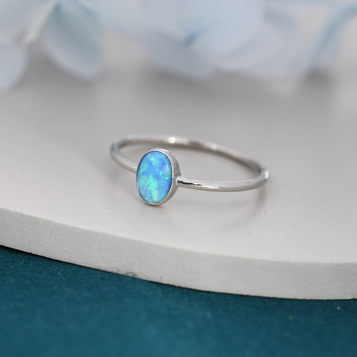 Blue Opal Oval Ring in Sterling Silver, US 5 - 8, Delicate Opal Stone Ring, Blue Opal Ring, Lab Opal Ring