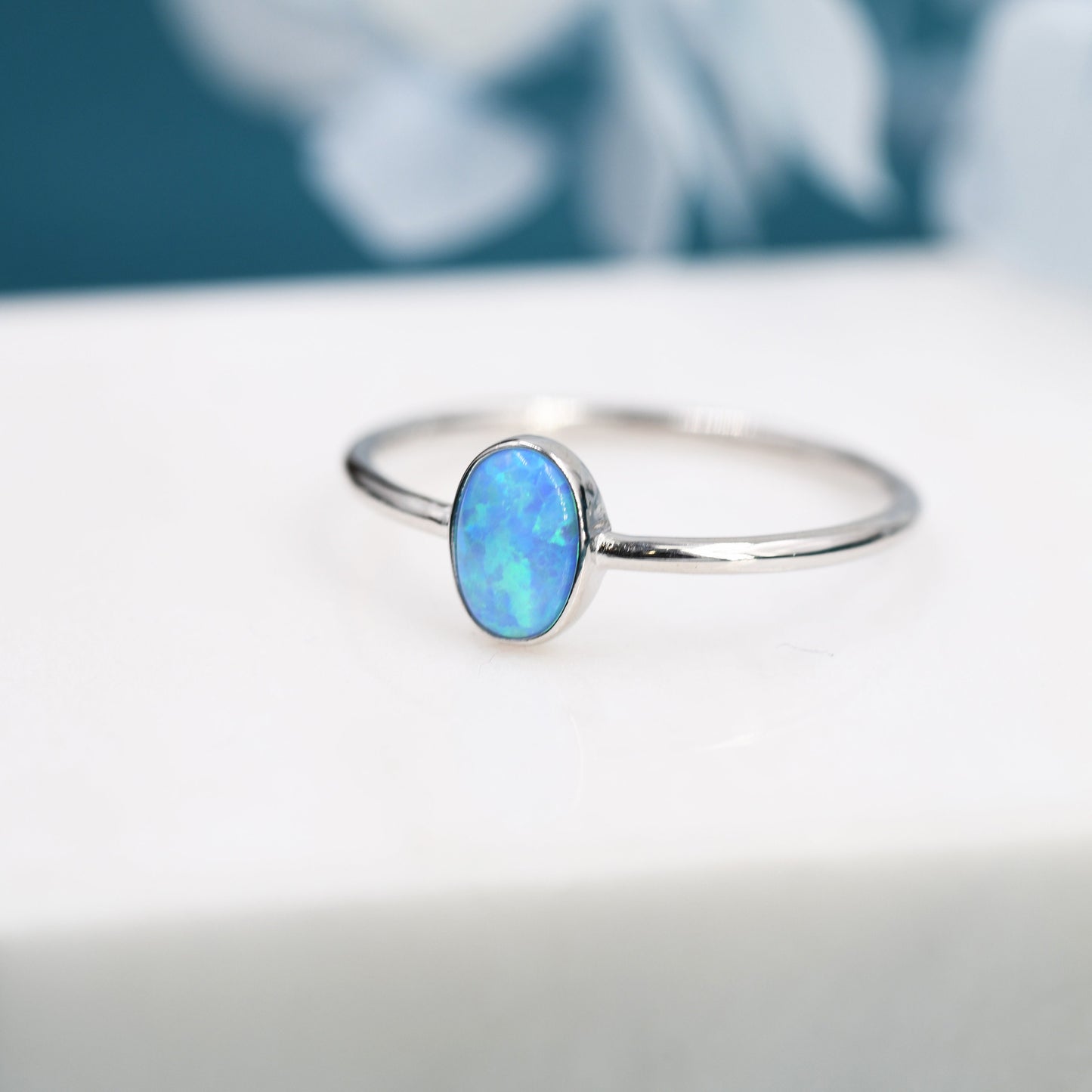 Blue Opal Oval Ring in Sterling Silver, US 5 - 8,  Delicate Opal Stone Ring, Blue Opal Ring, Lab Opal Ring