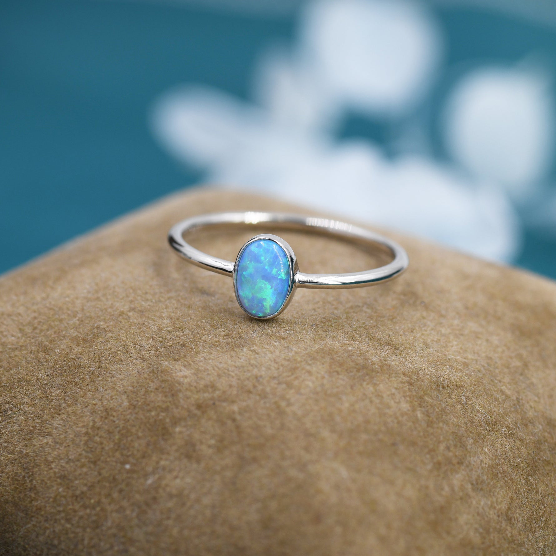 Blue Opal Oval Ring in Sterling Silver, US 5 - 8, Delicate Opal Stone Ring, Blue Opal Ring, Lab Opal Ring