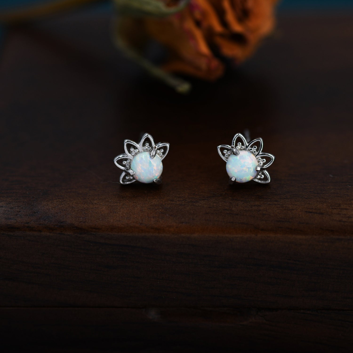 Sterling Silver White Opal Crown Stud Earrings, Prong Set, Opal Earrings, Lab Opal Lotus Earrings, Minimalist