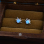Sterling Silver Blue Opal Crown Stud Earrings, Silver and Gold, Prong Set, Opal Earrings, Lab Opal Lotus Earrings, Minimalist