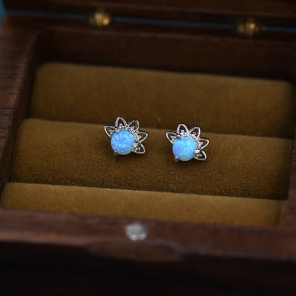 Sterling Silver Blue Opal Crown Stud Earrings, Silver and Gold, Prong Set, Opal Earrings, Lab Opal Lotus Earrings, Minimalist